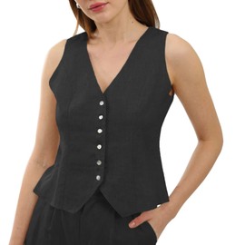 Amazhiyu Womens Linen Pure Waistcoat, Sleeveless Linen Waistcoat Button Down V Neck Crop Top Summer Vest Coat, Waistcoat Adjustable Strap Black
