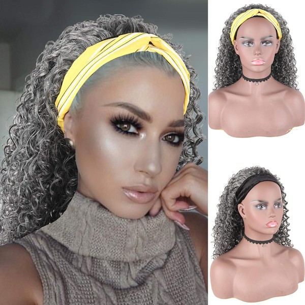 CINHOO Curly Wave Loose Wave Headband Wigs with Headbands Attached Half Wigs for Black Women Cute Dark Gray Wig, Afro Kinky Curly Black Hair Wig Synthetic Headband Wigs for Black Women(Silver Grey)