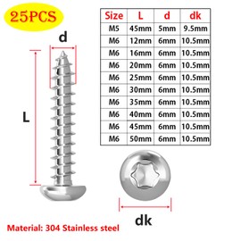 Qrity 25PCS M6x35mm Self Tapping Screw, Torx Pan Head Screws, Stainless Steel Round Head Self Drilling Screws