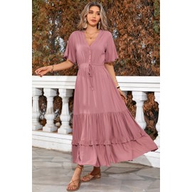 R.Vivimos Womens Summer Cotton Short Sleeve V Neck Floral Print Casual Bohemian Midi Dresses (Large, Mauve)