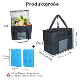 Large Foldable Cool Bag, 35 L Cool Bag, Picnic Thermal Bag, Ice Bag with Ice Crystal Box, Handles, Double Zip Lid, Reusable Cool Box for Shopping, Picnic, BBQ, Outdoor