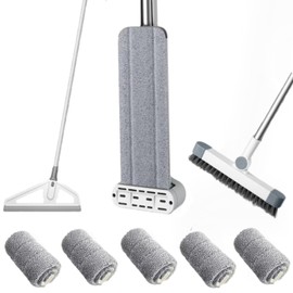 Hands-Free Self Wringing Cleaning Flat Mop - Microfiber with 6 x Washable Pads,,Floor Scrub Brush，Floor Squeegee (1 Mop+6 Microfiber Pads +1 Brush+1 Glass Wiper)
