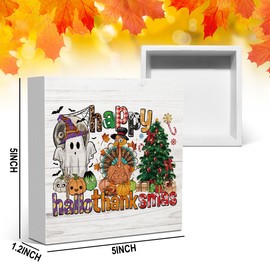 Happy Hallothanksmas Wood Decor Fall Halloween Thanksgiving Christmas Ghost Turkey Decorations Gifts for Women Men Harvest Autumn Decorations Sign for Home Farmhouse Office Desk Shelf 5 x 5 Inches