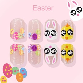 24Pcs Easter Press on Nails Short,Cute Bunny & Chick Design Fake Nails Reusable Square Acrylic Nails Full Cover Glossy False Nails Glue on Nails for Women Girls Easter Nail Art Decoration