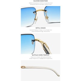 HEPIDEM 100% Really Buffalo Horn Sunglasses for Men Rimless Square Diamonds Buffs Sun Glasses 0015 (Diamond Black Blue)