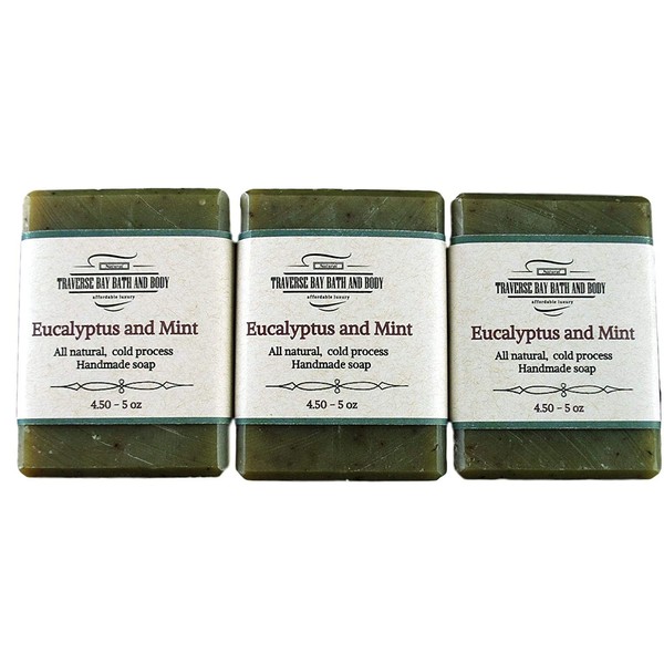 Eucalyptus and Peppermint, all natural handmade cold process soap, essential oil soap. 3 bar pack 15 + oz.