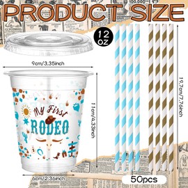 Jingmore 50 Pcs First Rodeo Birthday Party Disposable Plastic Cups 12 oz with Lids Straws Western Cowboy Themed Birthday Party Supplies Plastic Tumbler for Girl Boy Baby Shower Table Decor Favors