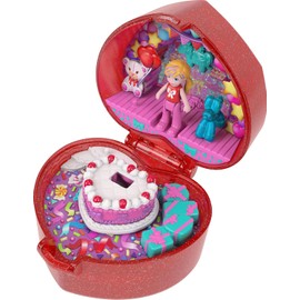 Polly Pocket Schatullen-Spielset zum 80. Jubiläum von Mattel, Schmuckkästchen mit Puppe, Ballontier und Ring, Ringetui zum Thema Feierspaß, JGK21