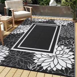 GarveeHome Outdoor Rug 8x10 Waterproof Patio Rug Reversible Camping Rugs Plastic Straw Mat for Picnic Balcony Deck Backyard Beach Trailer, Black/White(Flower)