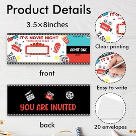 Movie Ticket Invitation Cards Movie Party Invitations with Envelopes, 20 Double-Sided Fill In Style Invites For Boys & Girls Party Celebration Supplies
