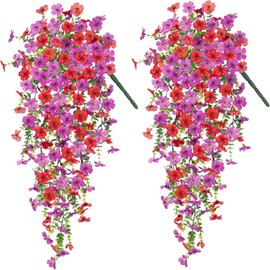 Senvitate 2 Pcs Artificial Fake Flowers Plants, Faux Hanging Flowers Violet Vine UV Resistant for Indoor Outdoor Garden Porch Eave Wedding Spring Summer Wall Décor (Purple/Red)