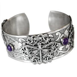 Elaine Coyne Collectible Artwear Mirror Antique Silver Victorian Filigree Dragonfly Cuff - Charoite