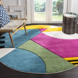 SAFAVIEH Hollywood Collection 4' Round Peacock Blue/Fuchsia HLW706C Mid-Century Modern Non-Shedding Living Room Dining Bedroom Foyer Area Rug
