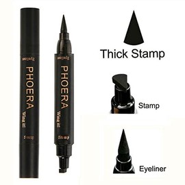 PHOERA 2 in 1 Wing Cat Eye Liner + Stamp Winged Long Lasting Liquid Eye Liner Waterproof & Smudge proof Makeup Black Eyeliner Pen Winged Eyeliner Pencil - AQUAPURITY (THICK STAMP)