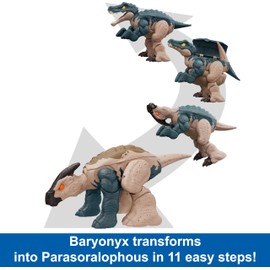 Mattel Jurassic World Fierce Changers 2-in-1 Dinosaur Action Figure, Double Danger Toy Transforms from Baryonyx to Parasoralophous in 11 Steps