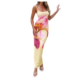 Verdusa Women's Boho Floral Maxi Bodycon Dresses Backless Sleeveless Vacation Dress Yellow Large