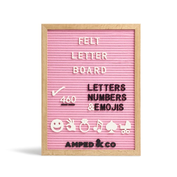 Premium Felt Letter Board, 460 Letters and Oversized Emojis, Wall Hanging Message Board, Oak Wood Frame, PreCut Letters in 3 Canvas Bags, Large 16x12 (Pink Felt Board, 460 White and Black Letters)