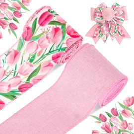 FYSUIMU 2 Rolls Tulip Wired Edge Ribbons 2.5 Inch Pink Watercolor Flower Craft Ribbon Spring Mother's Day Fabric Wrapping Ribbon for Bow Wreath Party Home Decor, 10 Yards