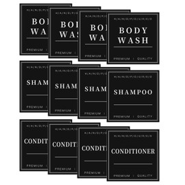12 Minimalist Bathroom Organization Labels for Shampoo Conditioner Body Wash, Preprinted Waterproof Soap Dispenser Label Stickers for Glass/Plastic Bottles (Black,3inch*3inch)