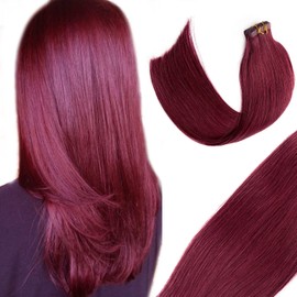 Tape in Hair Extensions Human Hair 20 Pieces Double Sided Adhesive Tape in Hair Skin Weft Invisible Remy Hair Extensions Tape on Burgundy Red Wine Real Hair Extensions Tape ins 14Inch 30Gram for Women