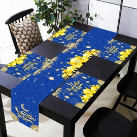 YEZIDE Ramadan Kareen Table Runner and Placemat Set Eid Mubarak Tablecloth Mosque lantern Stars Moon Dinning Mat Islamic Decor for Ramadan Mubarak Home Room Dinning Table Decoration