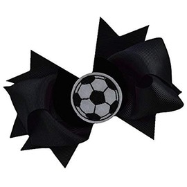 SOCCER BALL BOW Girls 4.5 Inch Grosgrain Soccer Hair Bow with Embroidered Soccer Ball By Funny Girl Designs (Black)