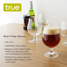 True Classic Tulip Beer Glasses, Sparkling Clear Drinking Glasses for Belgian Ales, Sours, IPA Beers, Cocktails, Gifts for Men, Game Night, Happy Hour, Home Bar, Elegant Glassware, 15 oz, Set of 4