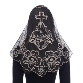Bozidol Black Gold Mantilla Triangular Embroidered Sacred Heart Camellia Veil for Women Catholic Mass, Religious Lace Head Coverings for Chapel Prayer Communication Baptism Gifts Spanish Latin Veils