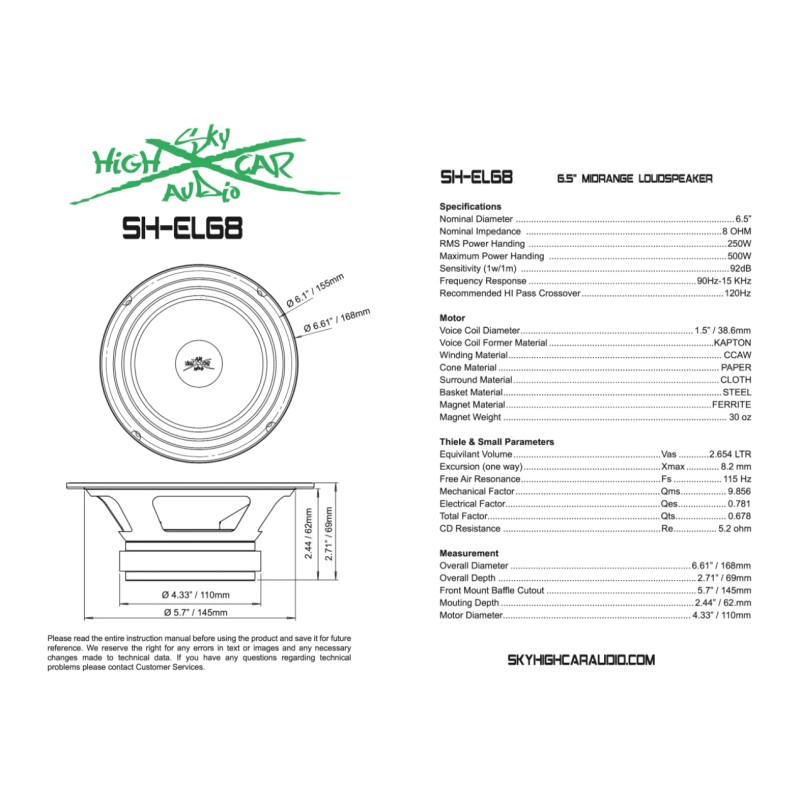 Sky High Car Audio SH-EL68 6.5" (1) MidRange Loudspeaker 8ohm