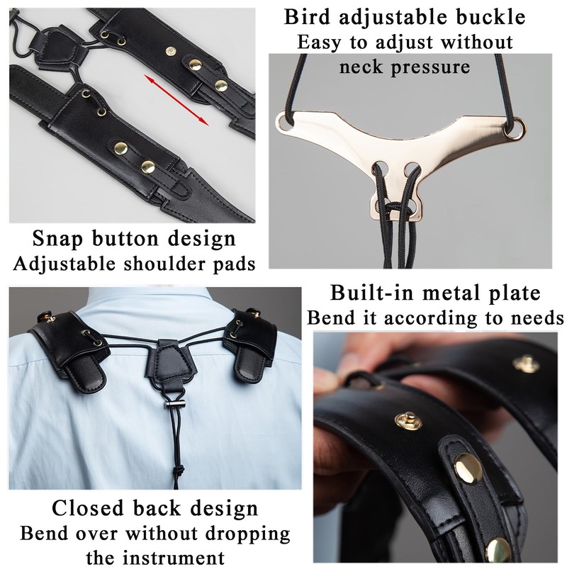 JIAMIAN Universal Black Genuine Leather Sax Neck Strap, Premium Saxophone