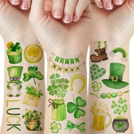 76 PCS St Patricks Day Tattoos, Watercolor Shamrock Hats Temporary Tattoos Stickers for Adult Kids Irish St Patricks Day Decorations Parade Party Favors