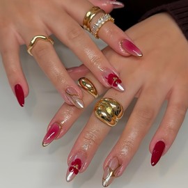 Medium Almond Press on Nails Fake Nails Gold French Tip with Red Flower and Rhinestone Designs Stick on Nails for Women 24 Pcs (Gold-13, M-13)