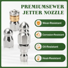 Sewer Jetter Nozzle Kit, 3-Pack Stainless Steel Jet Nozzles with Rotating, Button Nose, and Fixed Models, 1/4” Quick Connect, Up to 5000 PSI for Pressure Washer Drain Cleaning