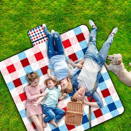 Extra Large Picnic Blanket Waterproof,60"x 80"Foldable Machine Washable Beach Blanket,Outdoor Blanket for 6-8 Adults,Suitable for Crawling,Park Beach,Camping,Hiking,Family (Light Blue Pink GingHam)