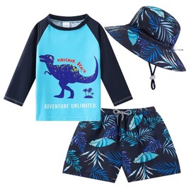 SWMSTUPF Toddlers Baby Boys' 3-Piece Swimsuit Trunk and Rashguard Set with Hat (US, Age, 18 Months, 24 Months, Beach Dinosaur)