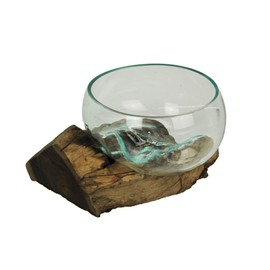 Wide Mouth Molten Glass on Teak Driftwood Decorative Sculptural Bowl, Vase, and Terrarium Planter - Approximately 6 Inches High