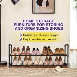 XSBAIHUO Shoe Rack - Metal Shoe Rack Organizer - Stackable Shoe Storage Shelf for Entryway, Closet, Bathroom 30cm(D) x 92cm(W) x 55cm(H) -Black (2-Tier)