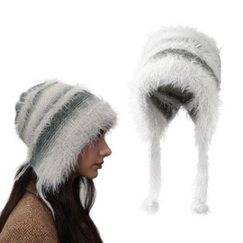 AWOCAN Women Fluffy Faux Fur Hat Winter Knitted Slouchy Beanie Cap Windproof Cover Ears Beanie Hat (AU, Alpha, Large, Grey)