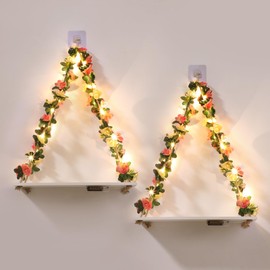 Floating Shelves for Wall No Drilling,Wall Decor Art,Hanging Shelf,Leaves and Light Strip with Flower,Set of 2 Plant Decor for Home Farmhouse Livingroom Bedroom,Mothers Day Decorations,Gifts for Mom