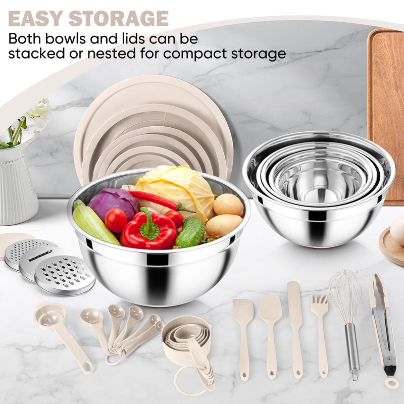 E-far 25PCS Mixing Bowls with Lid Set, Stainless Steel Nesting