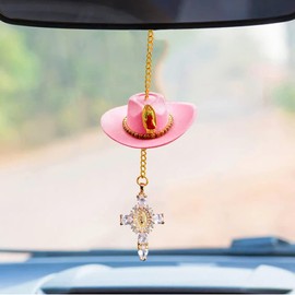 Cowboy Hat Car Charm,Country Rear View Mirror Hanging Accessories,Sunflower Cowgirl hat Cow Print Car Decor,Cute Handmade Felt Mini HatPendent for Women Girls(Pink Cowboy Hat Cross)