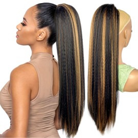 VAVANGA Kinky Straight Drawstring Ponytail 30inch Long Brown Highlight Ponytail Extension Thick Fake Pony Tail Hair Piece for Black Women(30", #1BH27)