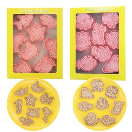 16Pcs Ocean Animal Cookie Cutters with Plunger Stamps Set, Fish, Dolphin, Starfish Plastic Biscuit Cutters, Sea Themed DIY Embossing Cutter for Biscuit Cookie Fondant Cheese Baking (F16)