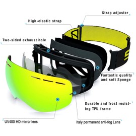 SPOSUNE Ski Goggles Over Glasses with Anti-Fog Spherical Dual Lens,100% UV400 Protection Skiing Snow Snowboard Goggles for Men Women Youth,Helmet Compatible Anti Glare Impact Resistant Windproof