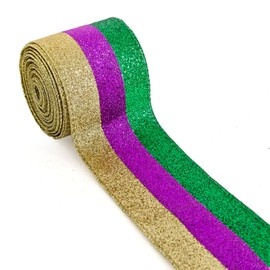 LINGMIN Mardi Gras Ribbon Wired Edge, 2.5" X 10 Yards Purple Green Gold Metallic Glitter Wired Ribbon for Mardi Gras Carnival Masquerade Party Decoration DIY Crafts Wrapping Gifts Wreaths Bow