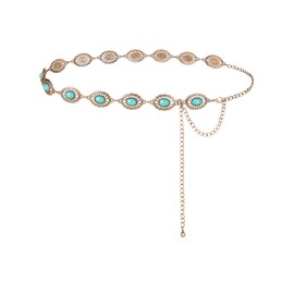 FIORETTO - Cinturón de cadena para mujer, diseño ovalado, de metal, para vestir, Turquesa-Oro93, Fit Waist up to 46"