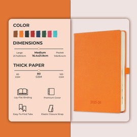 IN-LUXPRO 2025-2026 Academic Diary A5 Week to View (21.9x16.4 cm) Hardback 18 Months (Jul'25 - Dec'26) Weekly & Monthly Planner with Month Tabs & Pocket,Expenses/Note Pages,PU Leather(Orange)