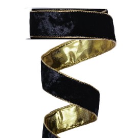 YAMA - Cinta de terciopelo negro con borde dorado con alambre de 1 1/2 pulgadas para árbol de Navidad, envolver regalos, manualidades, corona, decoración del hogar, 5 yardas
