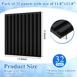 Nuanchu 32 Pcs 3D Wall Panels for Interior Wall Decor, 12''x12'' Fluted Textured Black Accent Tiles Waterproof Paintable for Living Room TV Background Bedroom Bathroom Gaming Room, 32 Sq. ft Coverage