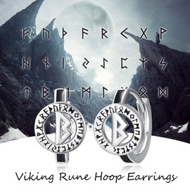 Viking Rune Hoop Earrings, 925 Sterling Silver, Black Oxidation Earrings, Small Hoop Earrings for Men and Women (B), Sterling Silver, No Gemstone